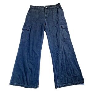 Cotton On : Relaxed Cargo Denim Wide Jeans Black Charcoal Pockets W32 -US Sz 10
